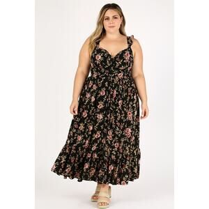 BOG Collective Black Floral Maxi Dress Tie Shoulder Tiered Skirt Smocked Back XL